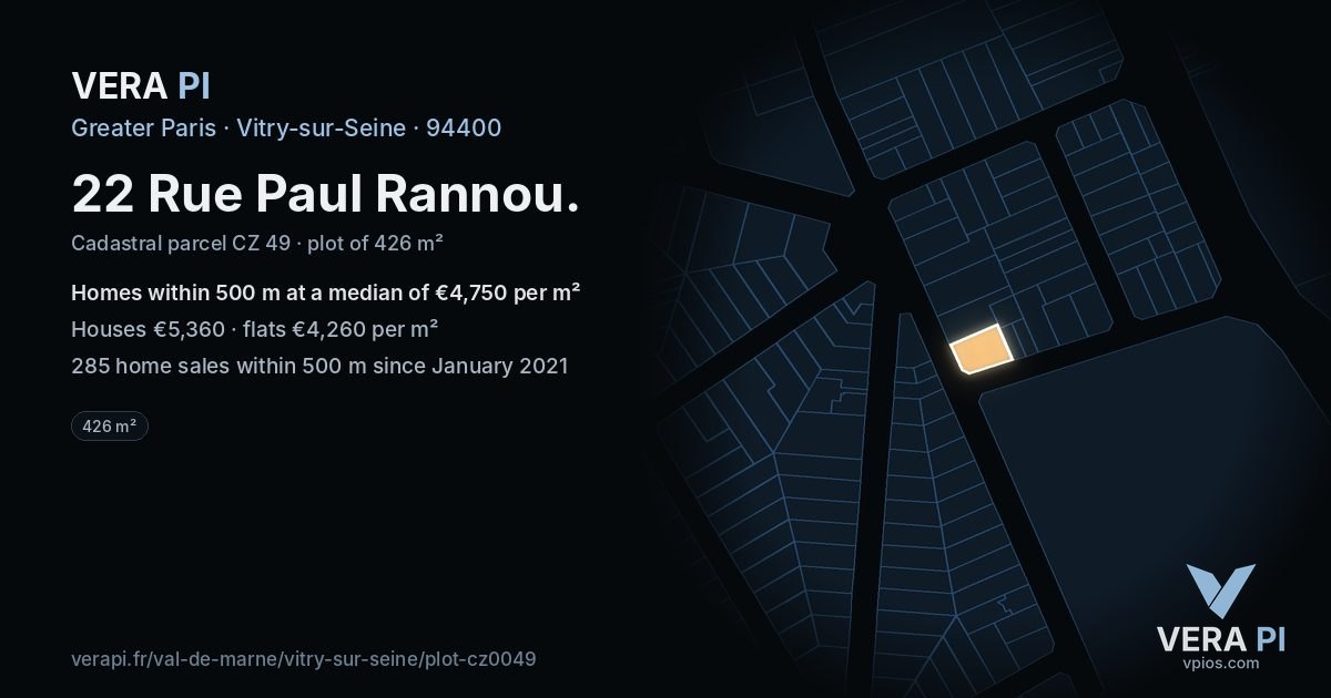 22 Rue Paul Rannou, Vitry-sur-Seine at night – the plot lit, the parcels around coloured by the prices near them