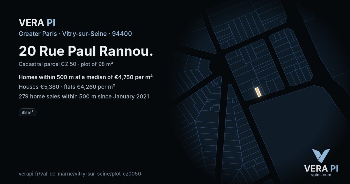 20 Rue Paul Rannou, Vitry-sur-Seine at night – the plot lit, the parcels around coloured by the prices near them