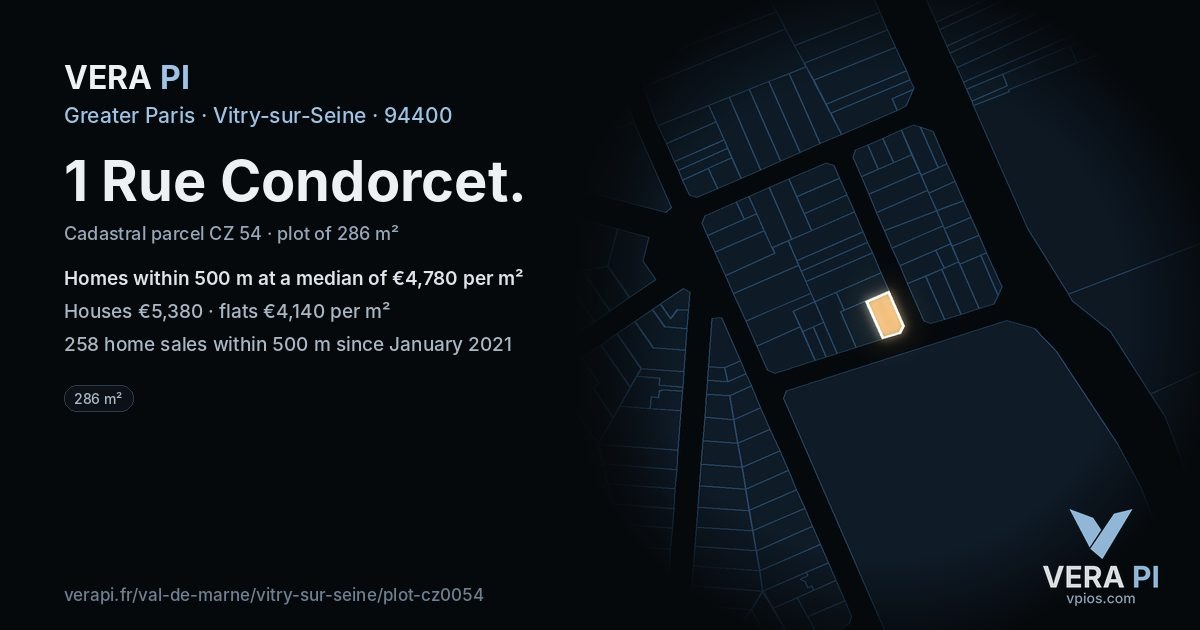 1 Rue Condorcet, Vitry-sur-Seine at night – the plot lit, the parcels around coloured by the prices near them