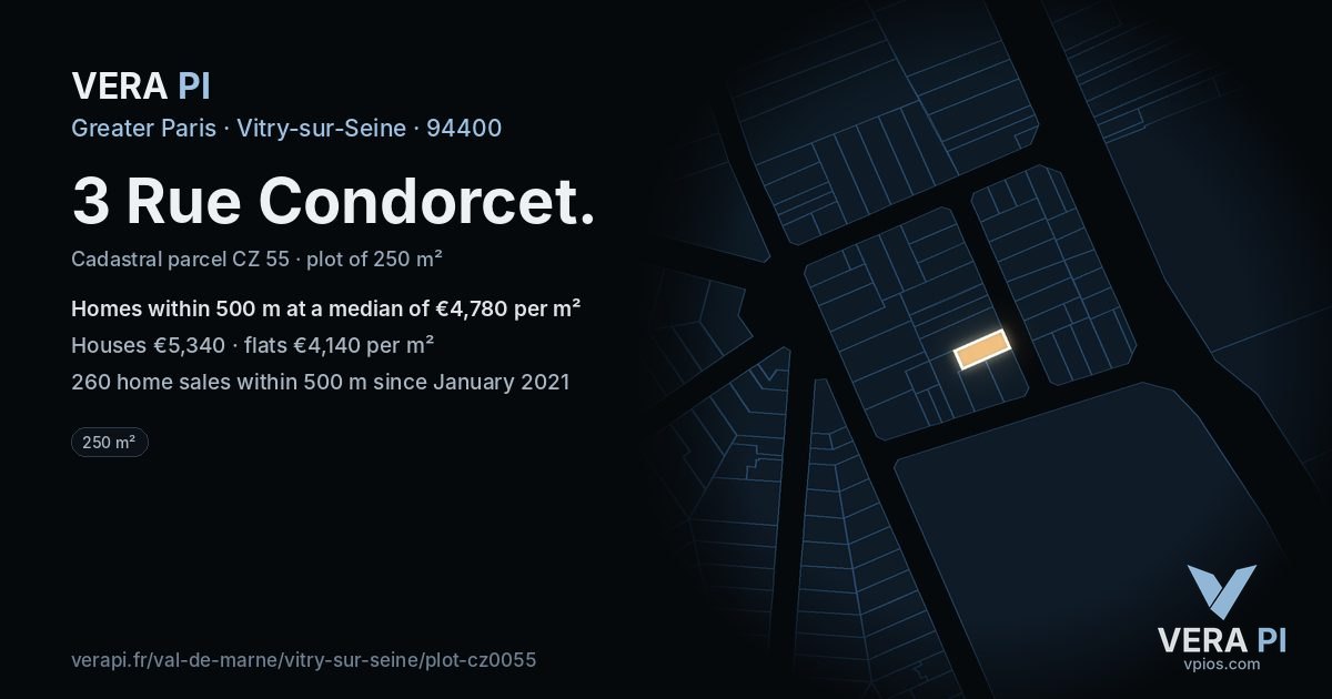 3 Rue Condorcet, Vitry-sur-Seine at night – the plot lit, the parcels around coloured by the prices near them