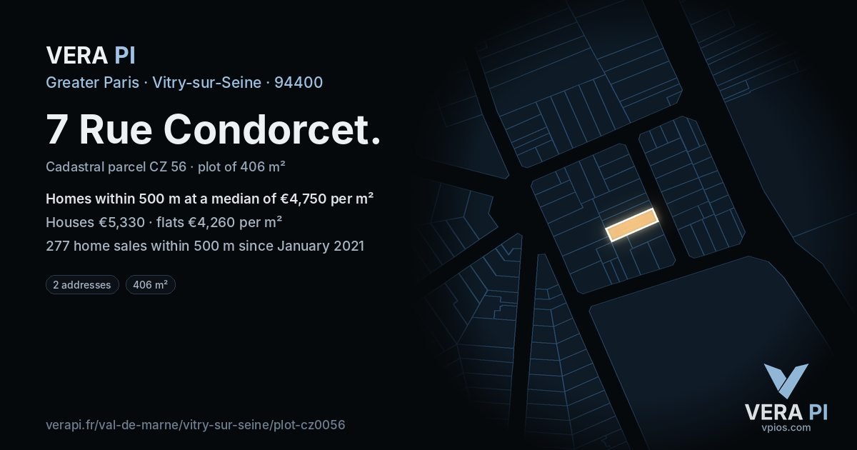 7 Rue Condorcet, Vitry-sur-Seine at night – the plot lit, the parcels around coloured by the prices near them