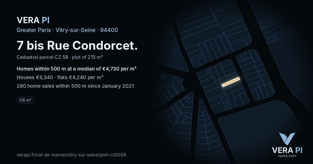 7 bis Rue Condorcet, Vitry-sur-Seine at night – the plot lit, the parcels around coloured by the prices near them