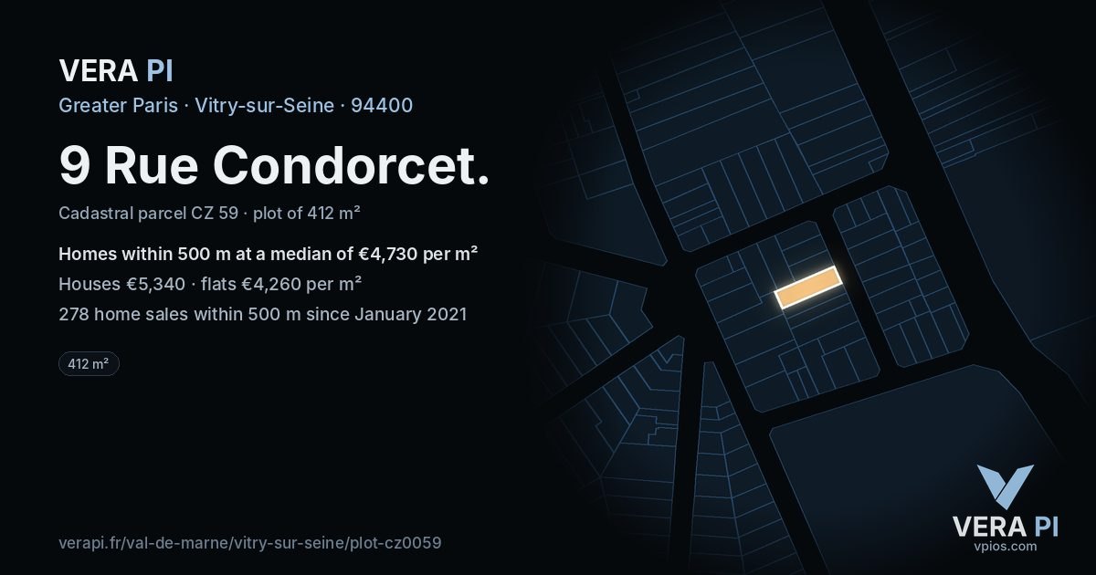 9 Rue Condorcet, Vitry-sur-Seine at night – the plot lit, the parcels around coloured by the prices near them