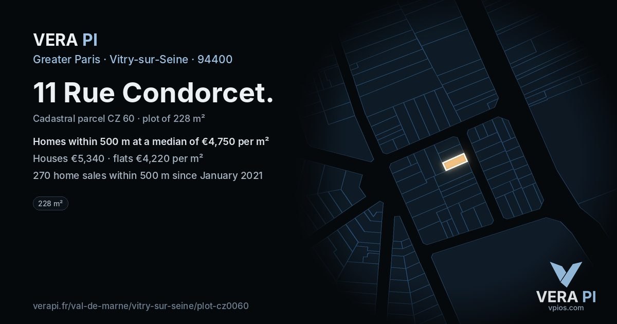 11 Rue Condorcet, Vitry-sur-Seine at night – the plot lit, the parcels around coloured by the prices near them