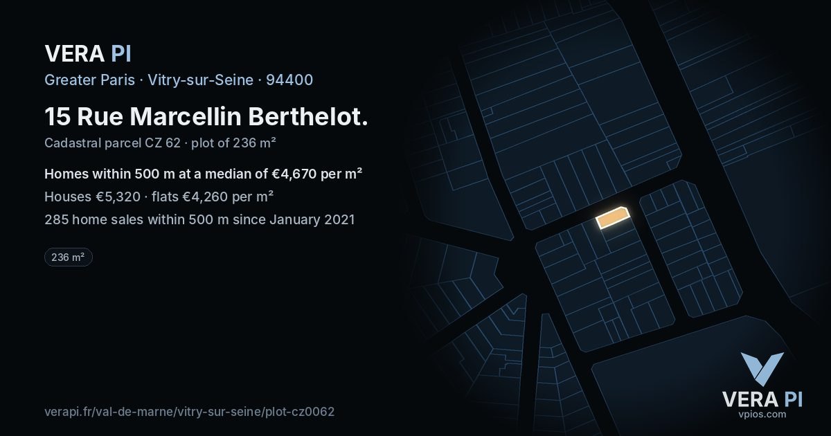 15 Rue Marcellin Berthelot, Vitry-sur-Seine at night – the plot lit, the parcels around coloured by the prices near them
