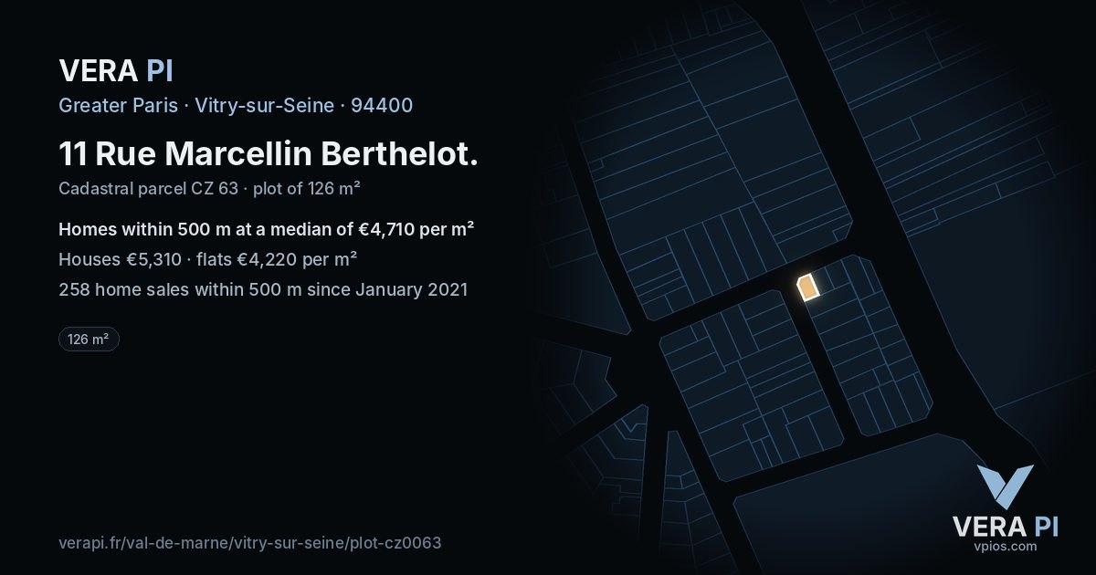 11 Rue Marcellin Berthelot, Vitry-sur-Seine at night – the plot lit, the parcels around coloured by the prices near them