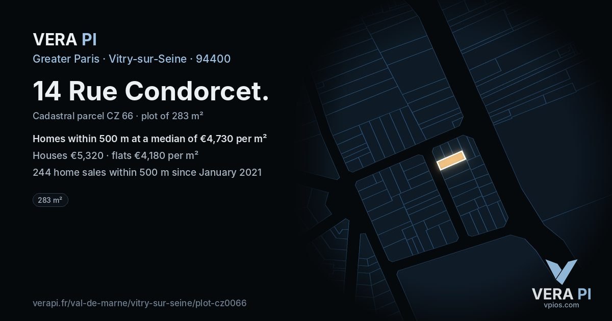 14 Rue Condorcet, Vitry-sur-Seine at night – the plot lit, the parcels around coloured by the prices near them