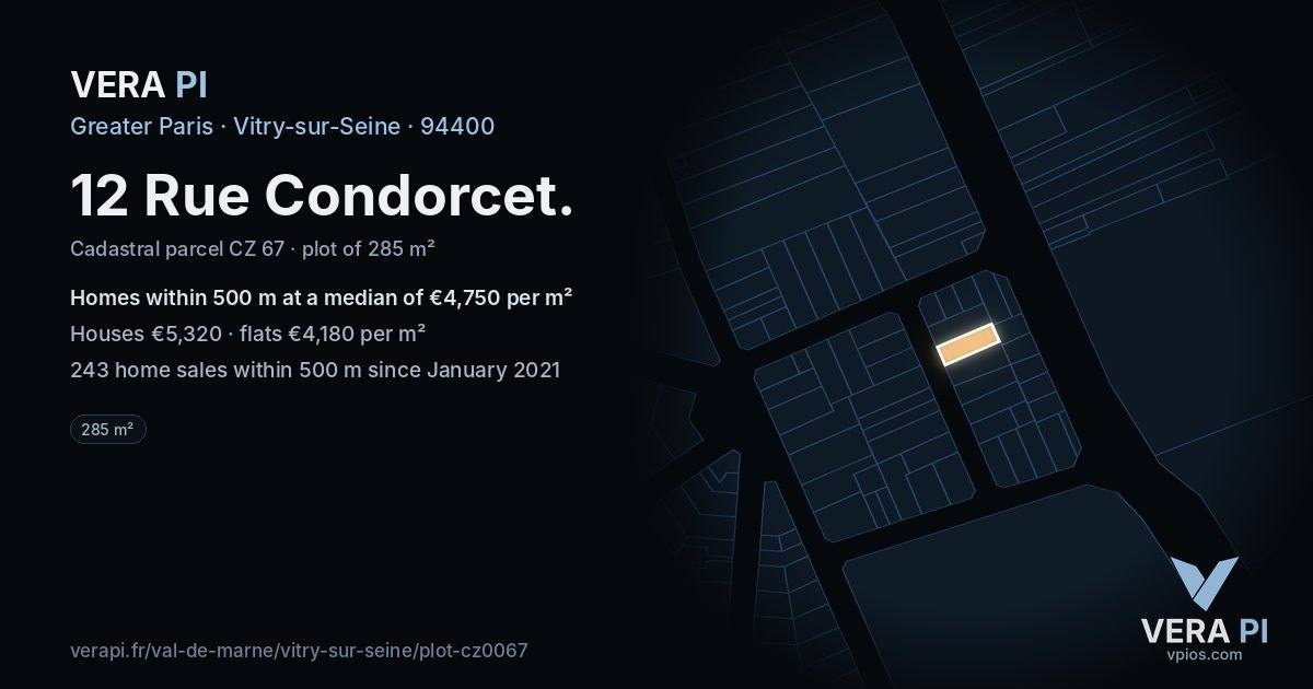 12 Rue Condorcet, Vitry-sur-Seine at night – the plot lit, the parcels around coloured by the prices near them