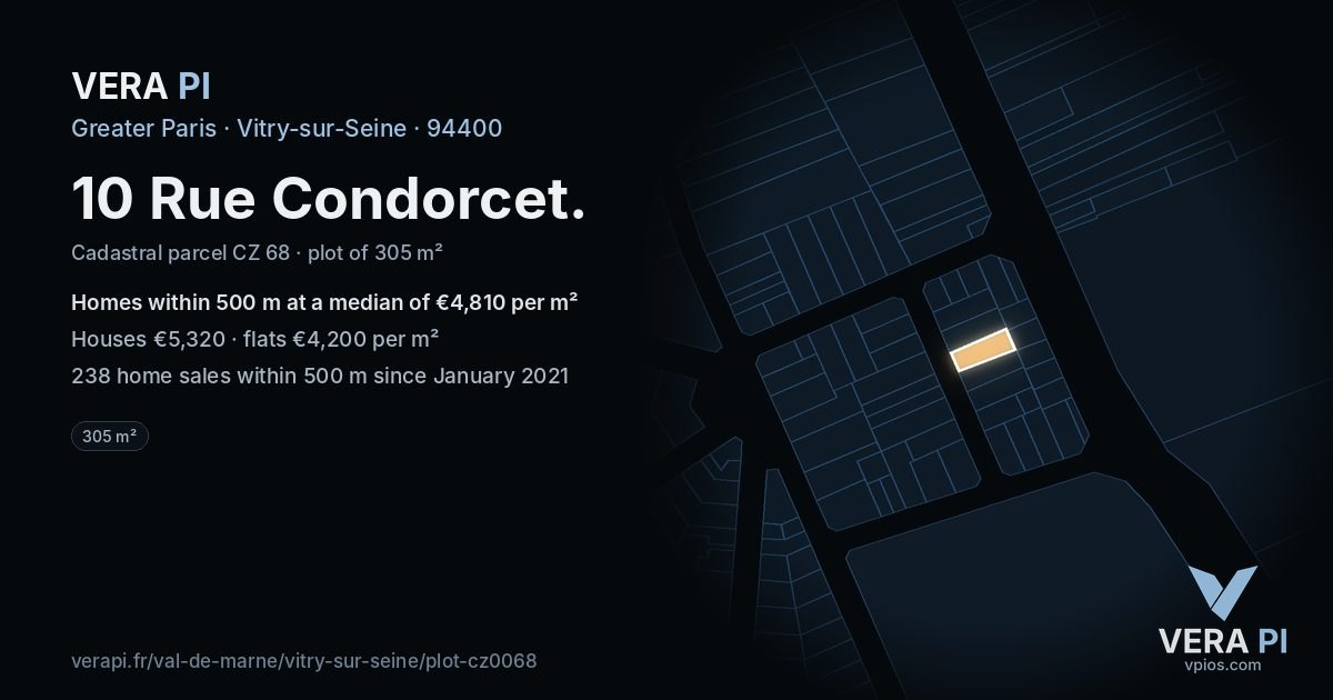 10 Rue Condorcet, Vitry-sur-Seine at night – the plot lit, the parcels around coloured by the prices near them