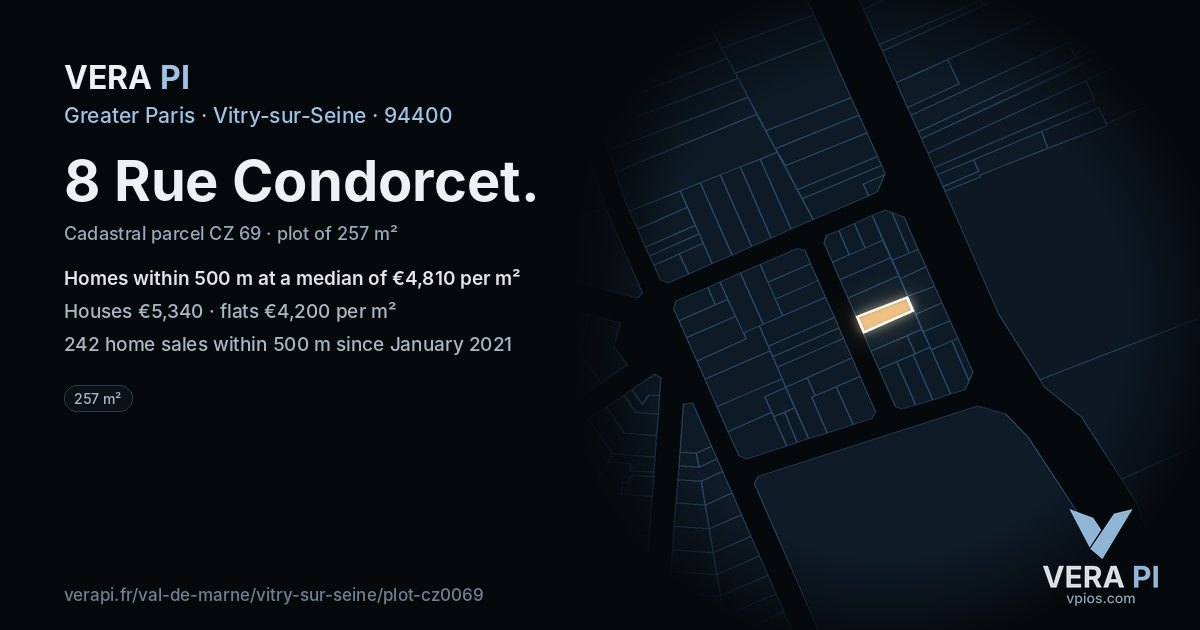 8 Rue Condorcet, Vitry-sur-Seine at night – the plot lit, the parcels around coloured by the prices near them