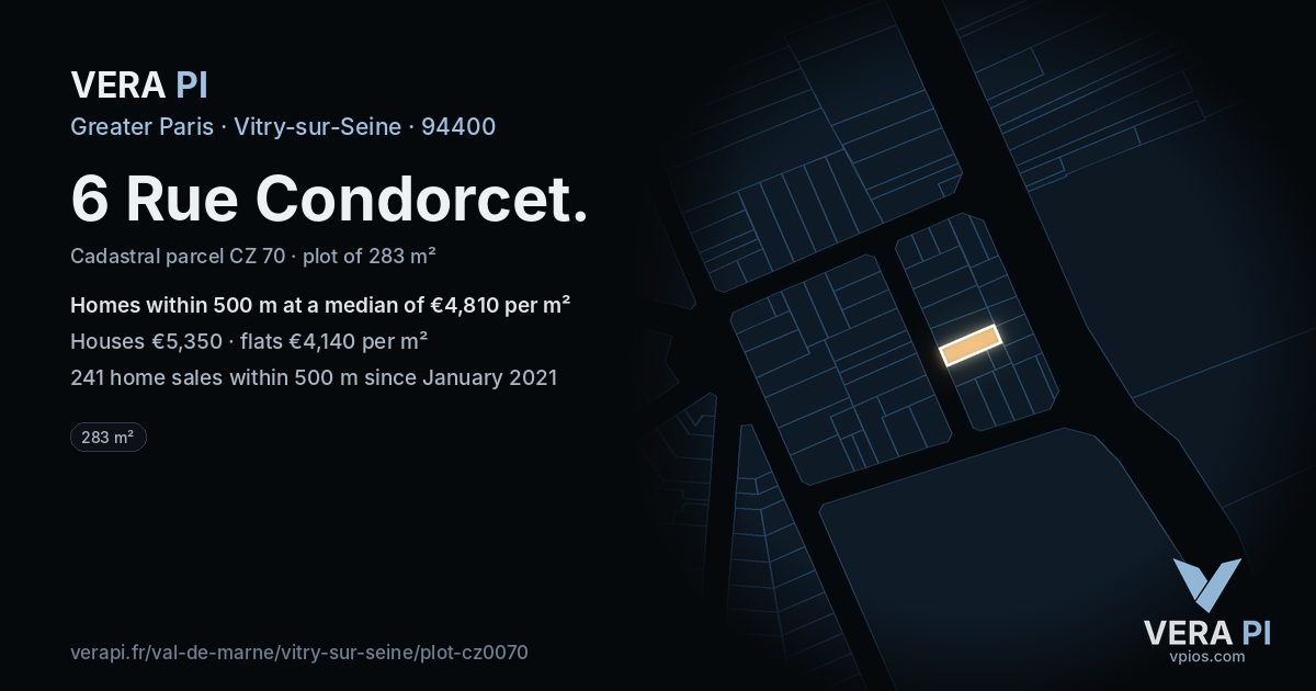 6 Rue Condorcet, Vitry-sur-Seine at night – the plot lit, the parcels around coloured by the prices near them