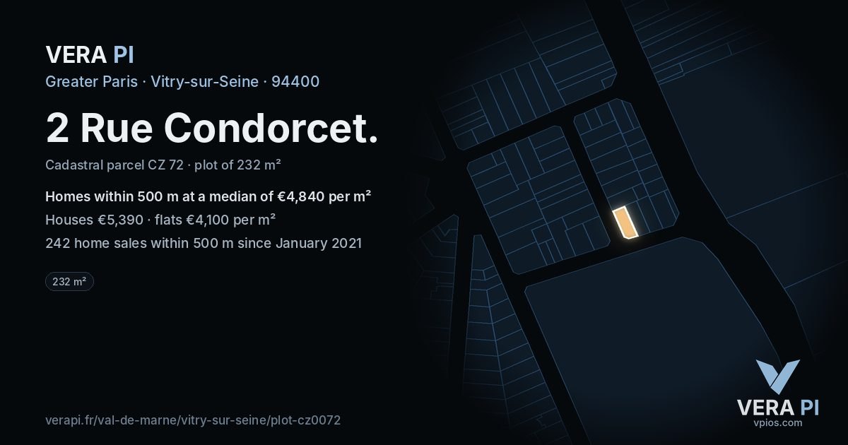 2 Rue Condorcet, Vitry-sur-Seine at night – the plot lit, the parcels around coloured by the prices near them