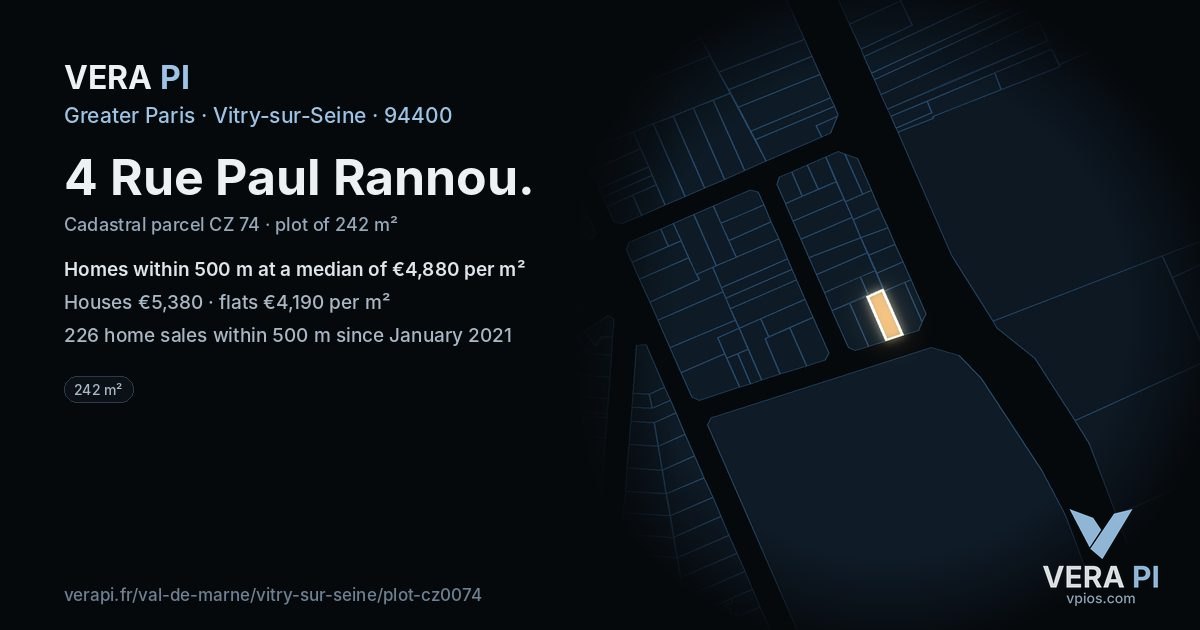 4 Rue Paul Rannou, Vitry-sur-Seine at night – the plot lit, the parcels around coloured by the prices near them
