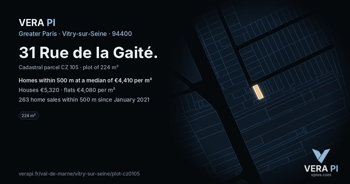 31 Rue de la Gaité, Vitry-sur-Seine at night – the plot lit, the parcels around coloured by the prices near them