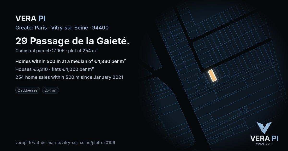 29 Passage de la Gaieté, Vitry-sur-Seine at night – the plot lit, the parcels around coloured by the prices near them