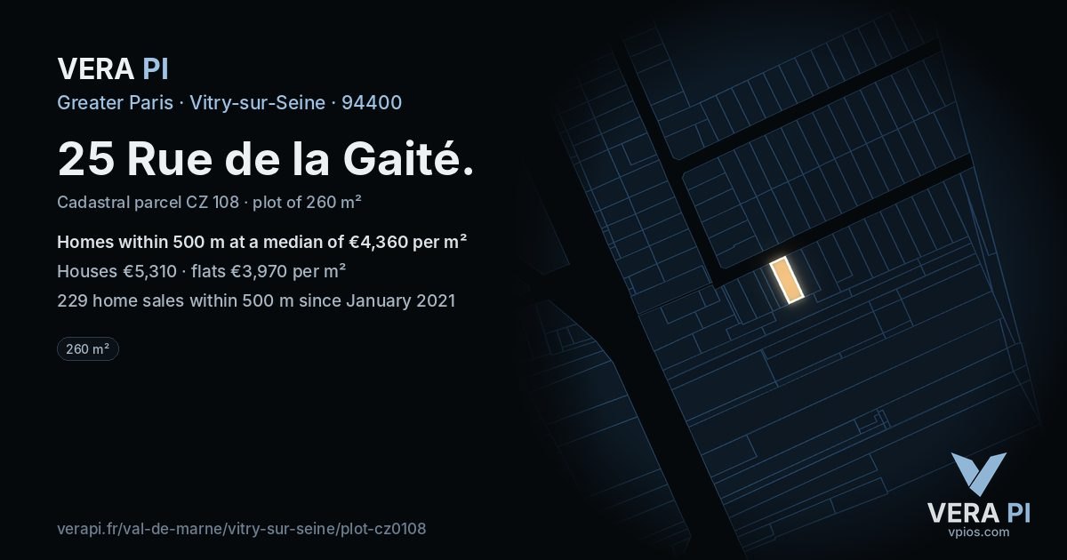 25 Rue de la Gaité, Vitry-sur-Seine at night – the plot lit, the parcels around coloured by the prices near them