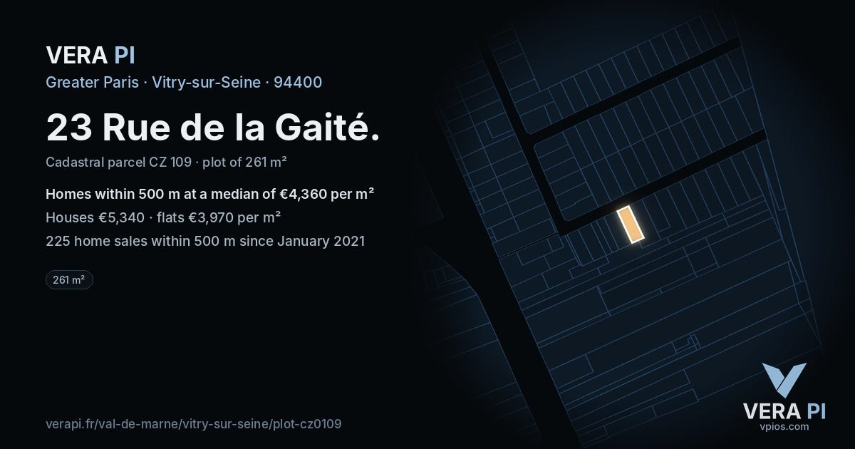 23 Rue de la Gaité, Vitry-sur-Seine at night – the plot lit, the parcels around coloured by the prices near them