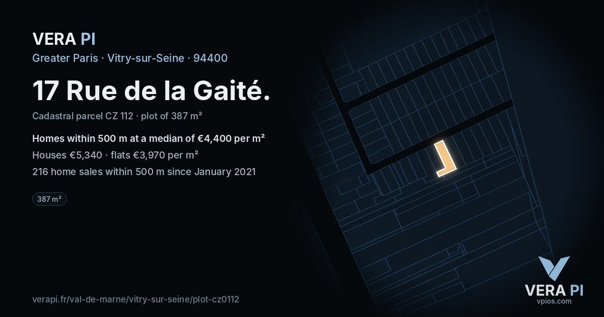 17 Rue de la Gaité, Vitry-sur-Seine at night – the plot lit, the parcels around coloured by the prices near them