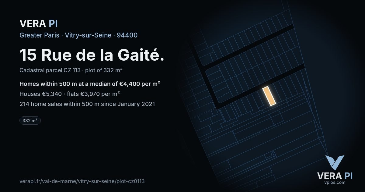 15 Rue de la Gaité, Vitry-sur-Seine at night – the plot lit, the parcels around coloured by the prices near them