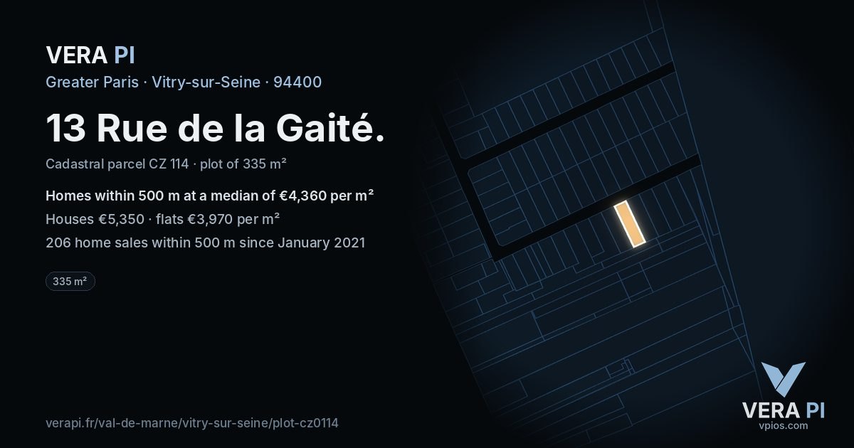 13 Rue de la Gaité, Vitry-sur-Seine at night – the plot lit, the parcels around coloured by the prices near them