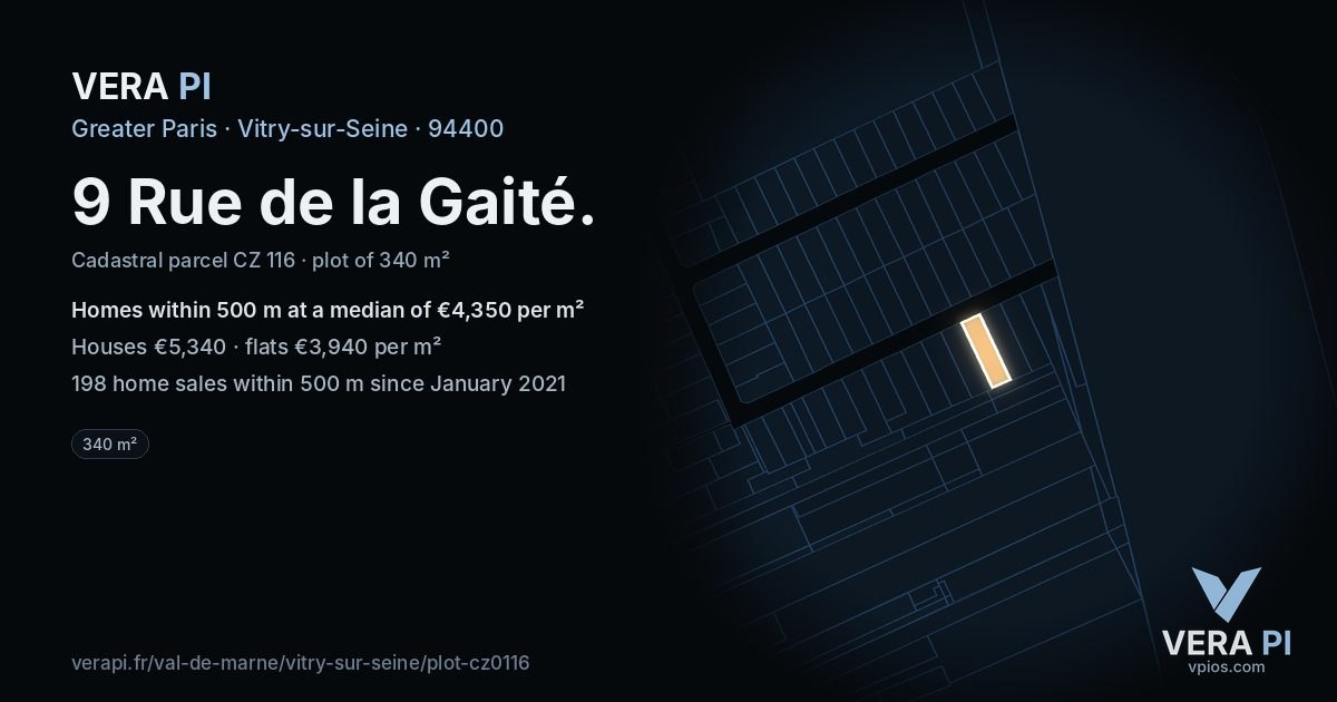 9 Rue de la Gaité, Vitry-sur-Seine at night – the plot lit, the parcels around coloured by the prices near them