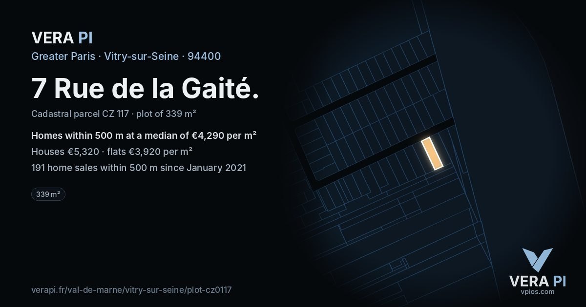 7 Rue de la Gaité, Vitry-sur-Seine at night – the plot lit, the parcels around coloured by the prices near them