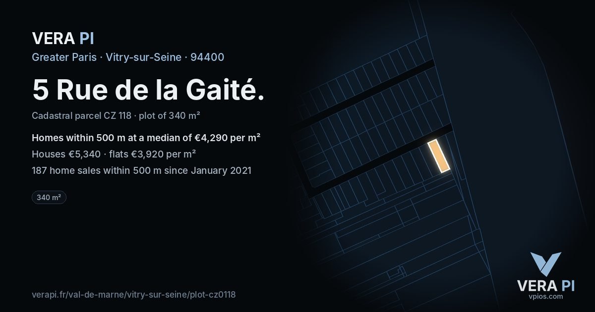 5 Rue de la Gaité, Vitry-sur-Seine at night – the plot lit, the parcels around coloured by the prices near them