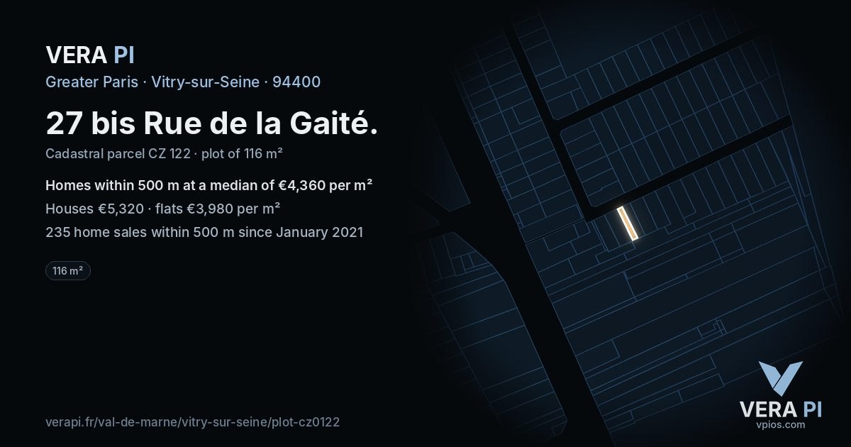 27 bis Rue de la Gaité, Vitry-sur-Seine at night – the plot lit, the parcels around coloured by the prices near them