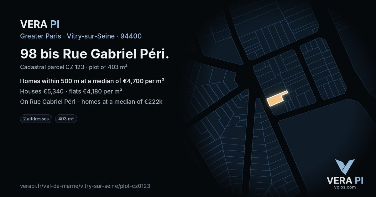 98 bis Rue Gabriel Péri, Vitry-sur-Seine at night – the plot lit, the parcels around coloured by the prices near them