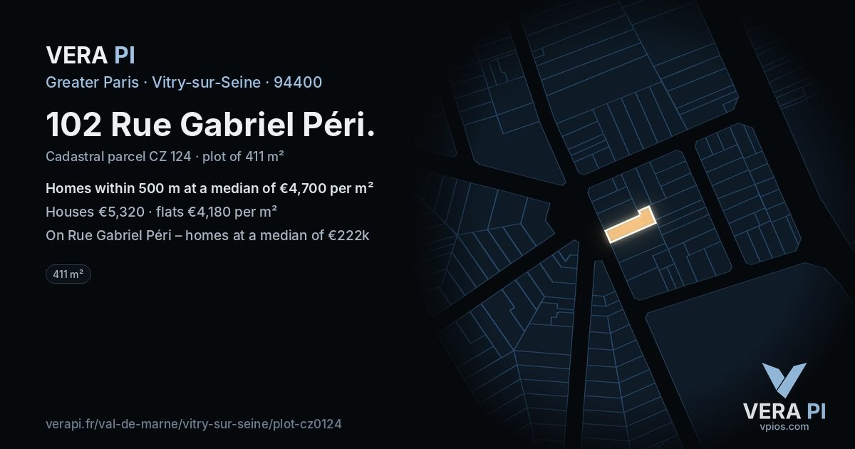 102 Rue Gabriel Péri, Vitry-sur-Seine at night – the plot lit, the parcels around coloured by the prices near them
