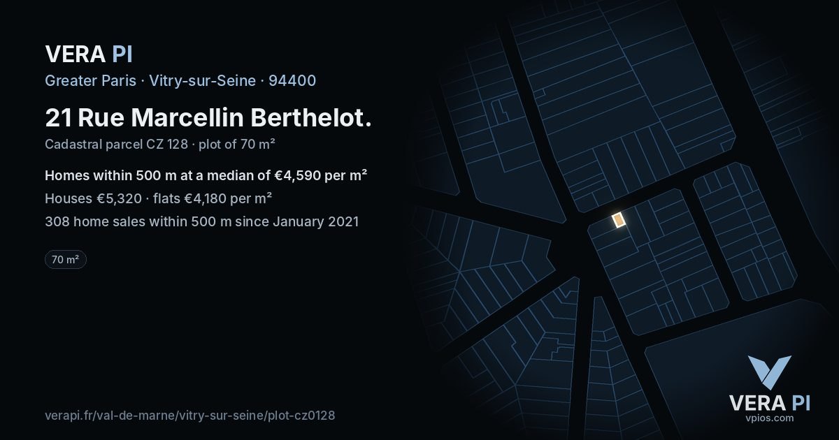 21 Rue Marcellin Berthelot, Vitry-sur-Seine at night – the plot lit, the parcels around coloured by the prices near them
