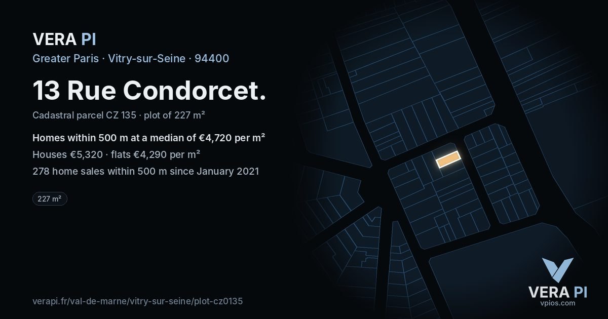 13 Rue Condorcet, Vitry-sur-Seine at night – the plot lit, the parcels around coloured by the prices near them