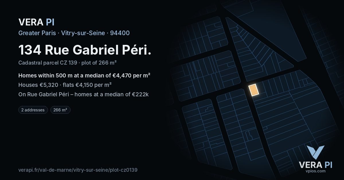134 Rue Gabriel Péri, Vitry-sur-Seine at night – the plot lit, the parcels around coloured by the prices near them
