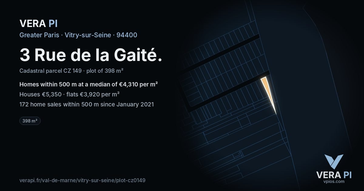 3 Rue de la Gaité, Vitry-sur-Seine at night – the plot lit, the parcels around coloured by the prices near them