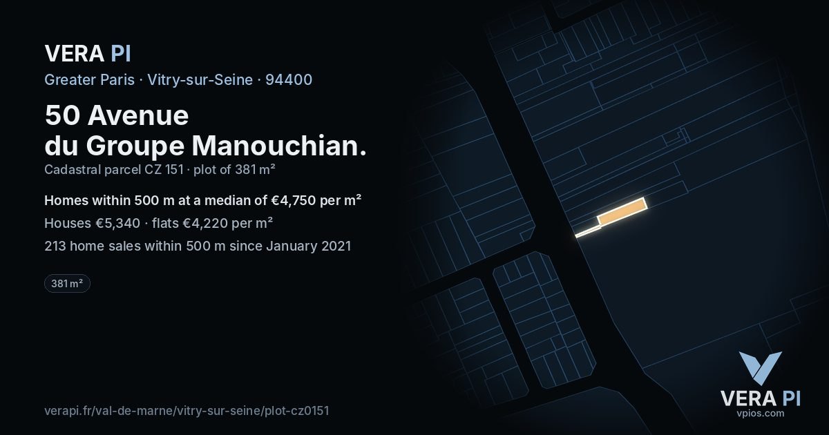 50 Avenue du Groupe Manouchian, Vitry-sur-Seine at night – the plot lit, the parcels around coloured by the prices near them