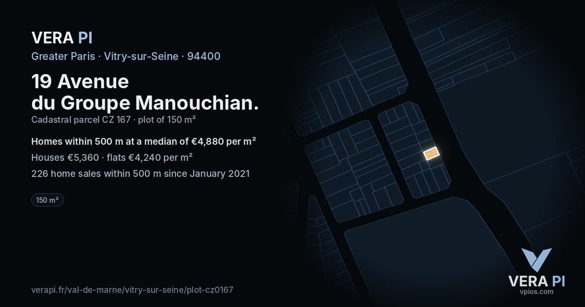 19 Avenue du Groupe Manouchian, Vitry-sur-Seine at night – the plot lit, the parcels around coloured by the prices near them