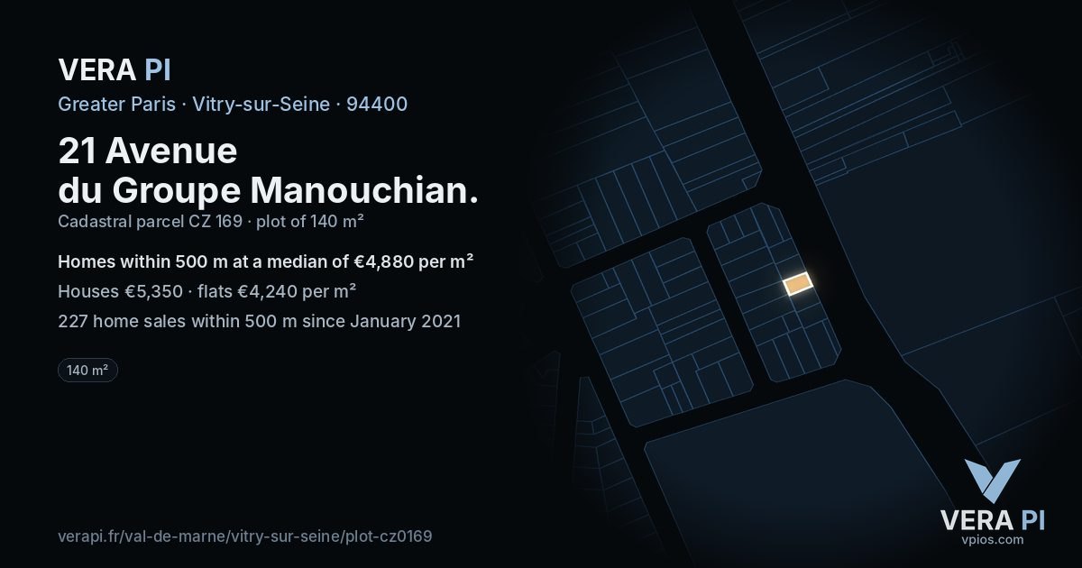 21 Avenue du Groupe Manouchian, Vitry-sur-Seine at night – the plot lit, the parcels around coloured by the prices near them