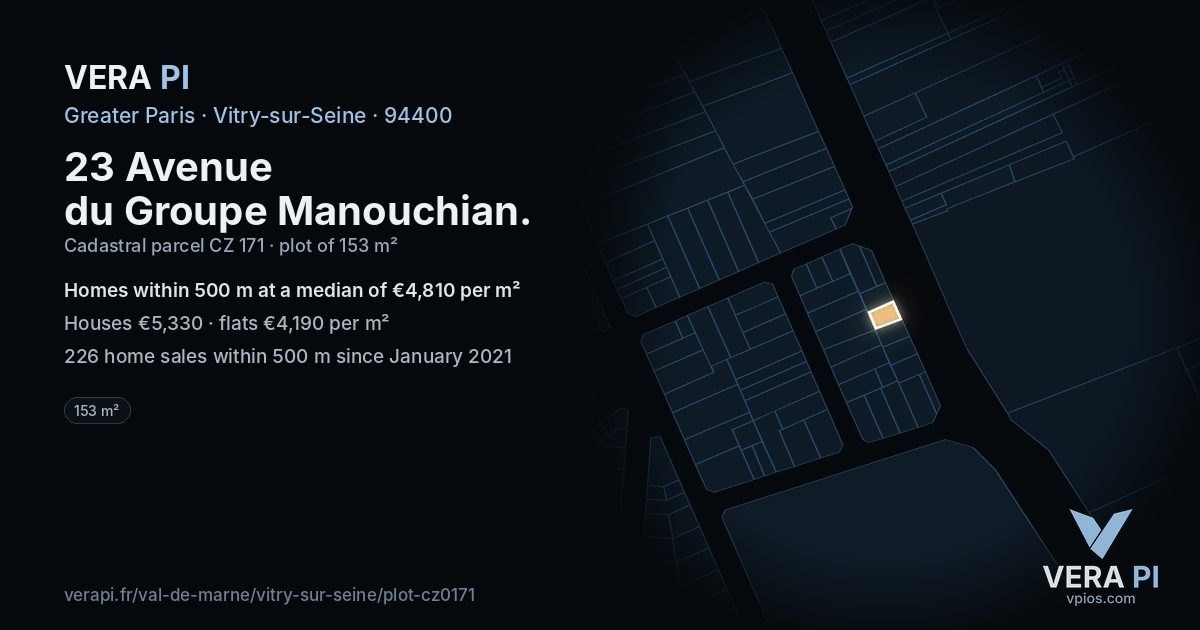 23 Avenue du Groupe Manouchian, Vitry-sur-Seine at night – the plot lit, the parcels around coloured by the prices near them