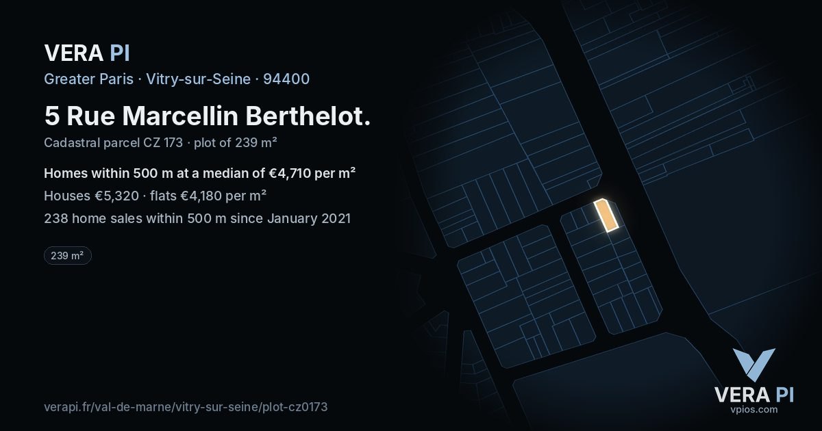 5 Rue Marcellin Berthelot, Vitry-sur-Seine at night – the plot lit, the parcels around coloured by the prices near them