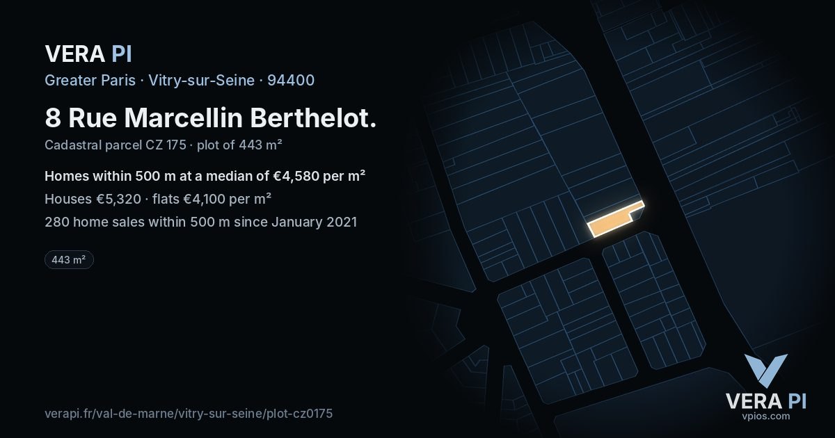 8 Rue Marcellin Berthelot, Vitry-sur-Seine at night – the plot lit, the parcels around coloured by the prices near them