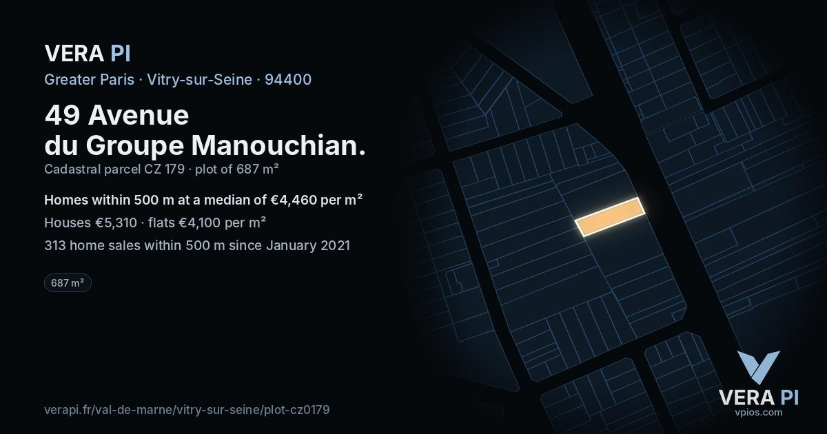 49 Avenue du Groupe Manouchian, Vitry-sur-Seine at night – the plot lit, the parcels around coloured by the prices near them