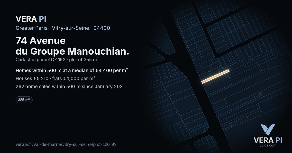 74 Avenue du Groupe Manouchian, Vitry-sur-Seine at night – the plot lit, the parcels around coloured by the prices near them