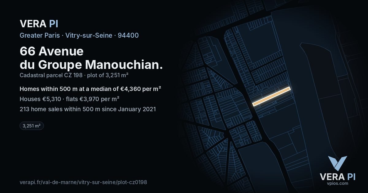 66 Avenue du Groupe Manouchian, Vitry-sur-Seine at night – the plot lit, the parcels around coloured by the prices near them