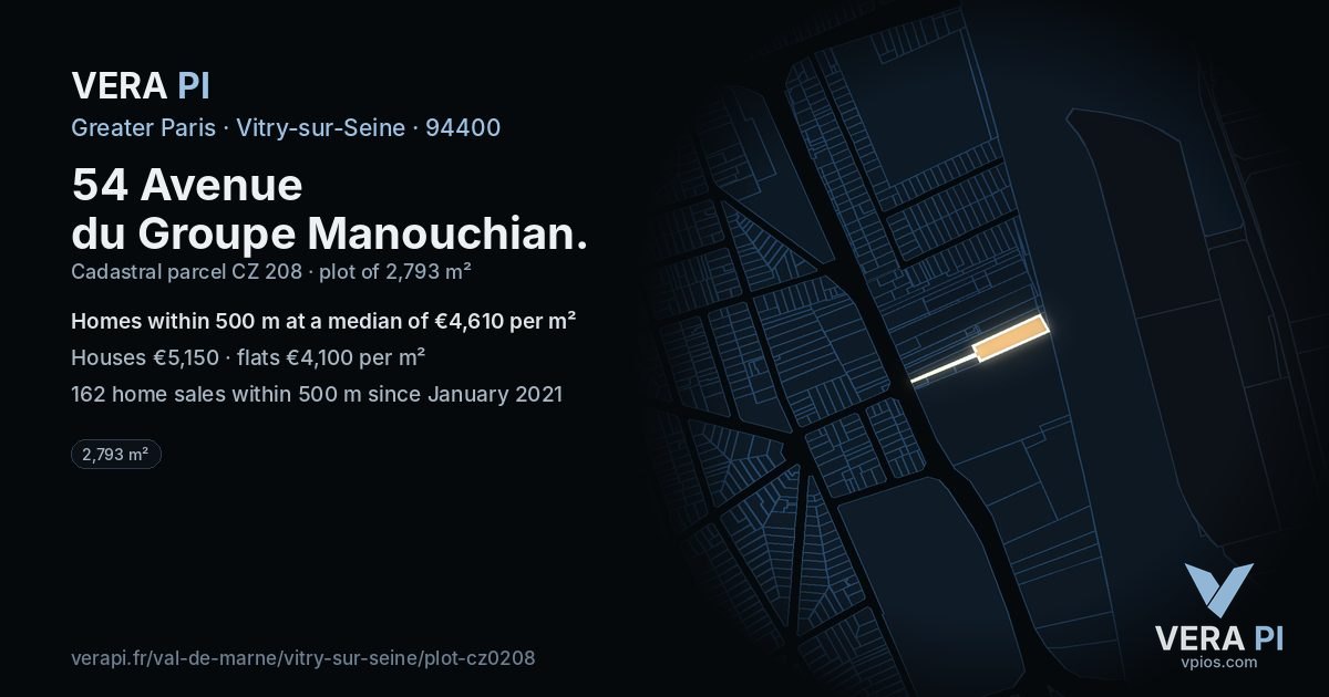54 Avenue du Groupe Manouchian, Vitry-sur-Seine at night – the plot lit, the parcels around coloured by the prices near them