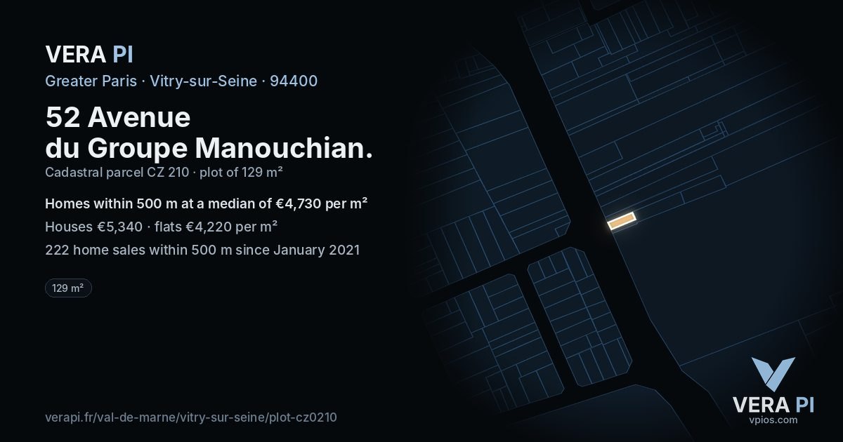 52 Avenue du Groupe Manouchian, Vitry-sur-Seine at night – the plot lit, the parcels around coloured by the prices near them