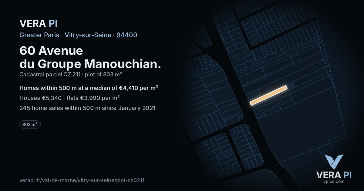 60 Avenue du Groupe Manouchian, Vitry-sur-Seine at night – the plot lit, the parcels around coloured by the prices near them