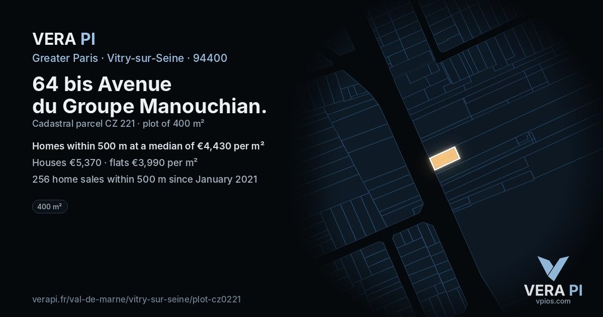 64 bis Avenue du Groupe Manouchian, Vitry-sur-Seine at night – the plot lit, the parcels around coloured by the prices near them
