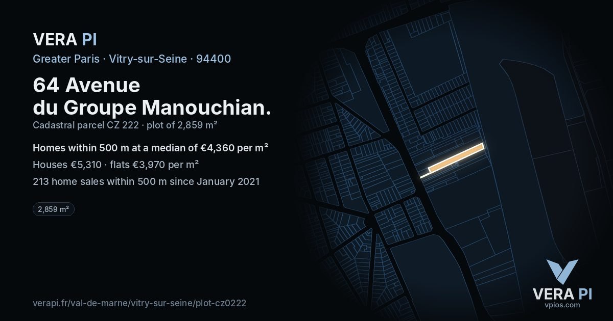 64 Avenue du Groupe Manouchian, Vitry-sur-Seine at night – the plot lit, the parcels around coloured by the prices near them