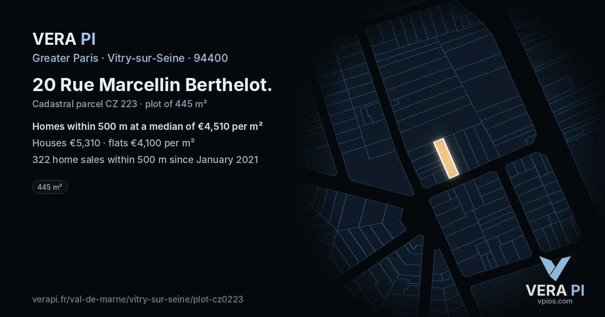 20 Rue Marcellin Berthelot, Vitry-sur-Seine at night – the plot lit, the parcels around coloured by the prices near them