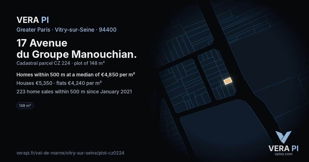 17 Avenue du Groupe Manouchian, Vitry-sur-Seine at night – the plot lit, the parcels around coloured by the prices near them
